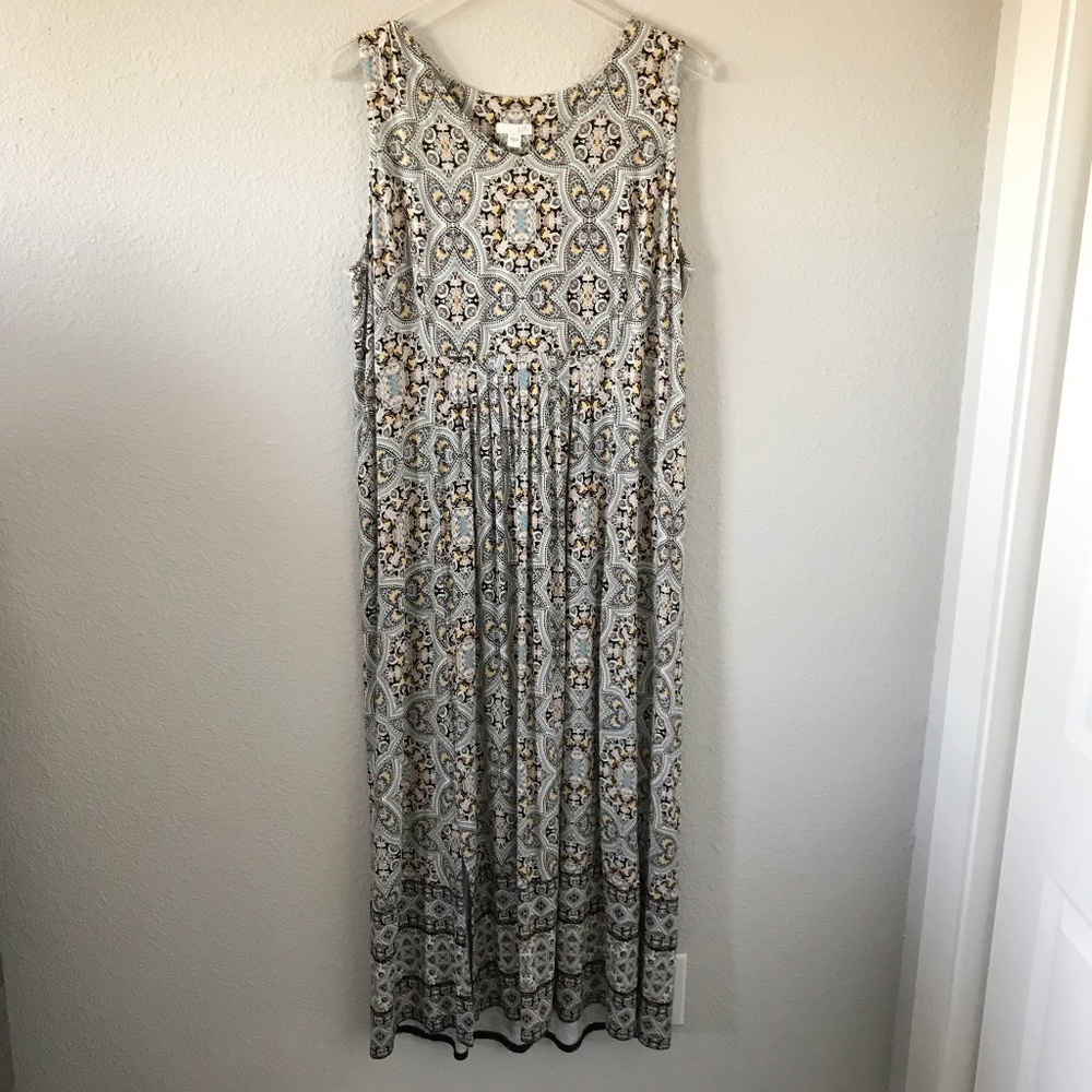 J Jill Seafoam Geometric Print L Sleeveless Soft Jersey Knit Maxi Dress Boho